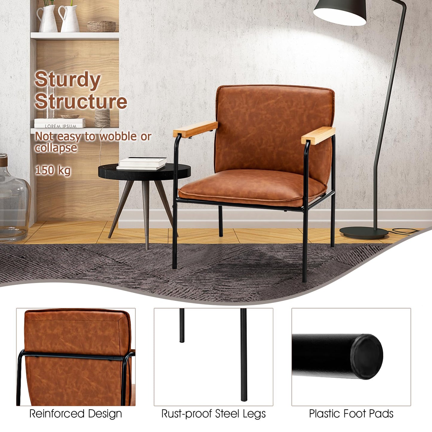 PU Leather Accent Chair with Armrests Backrest and Seat Cushion