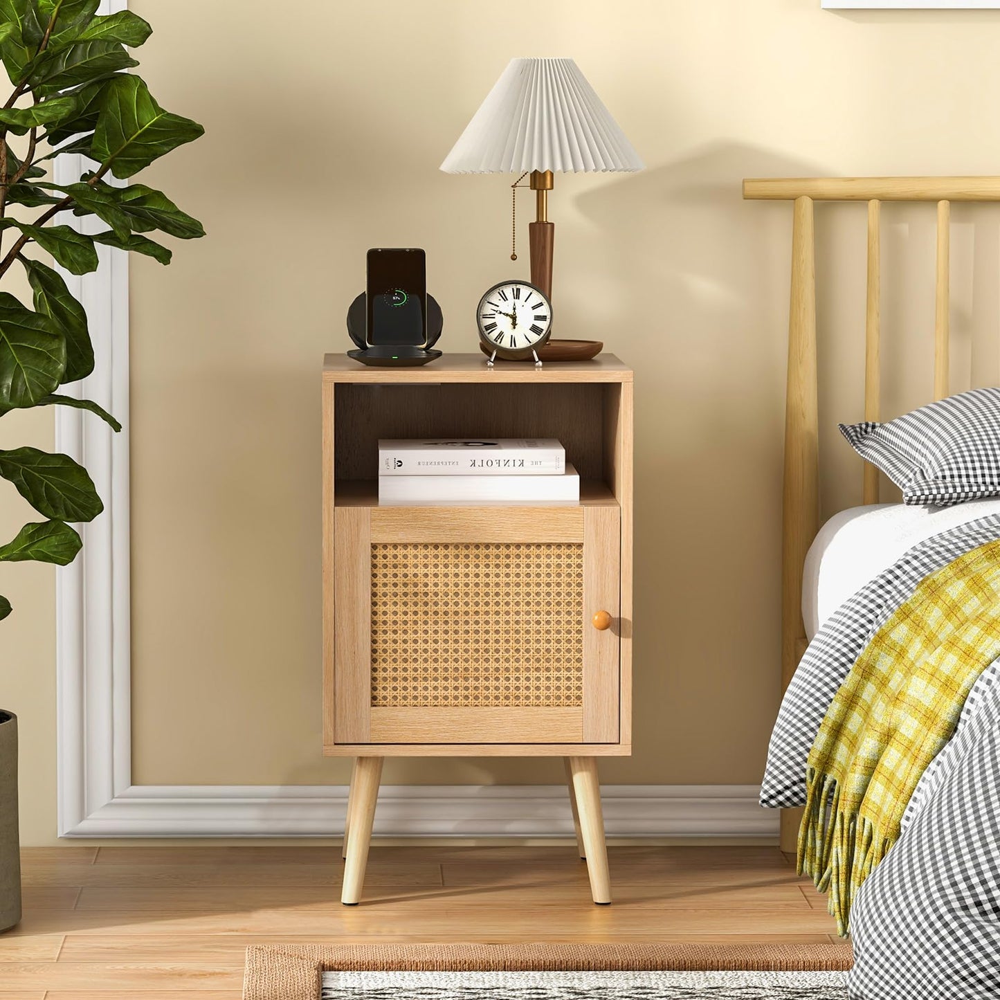 Rattan Nightstand with Storage and PE Rattan Decorated Door