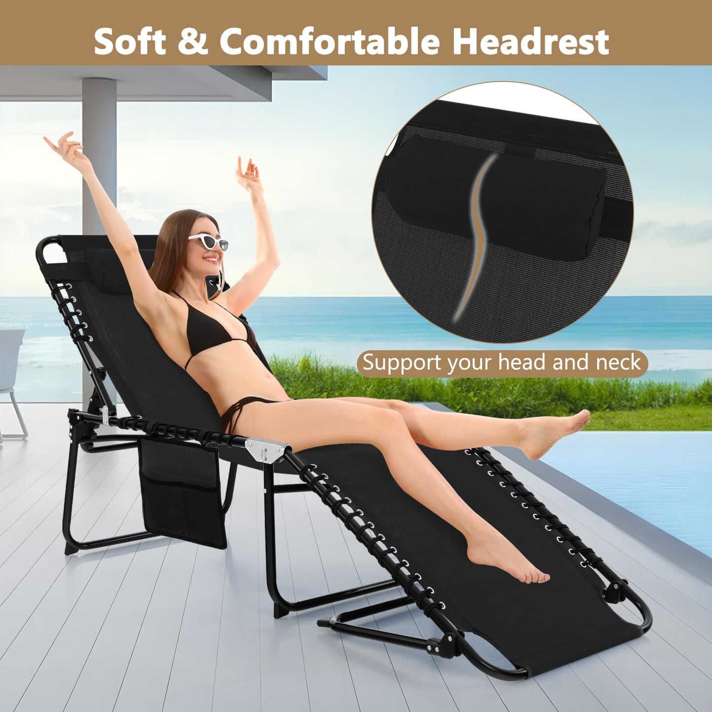 4-Level Adjustable Garden Reclining Chaise Lounge Chair Sunbed with Pillow & Side Pocket