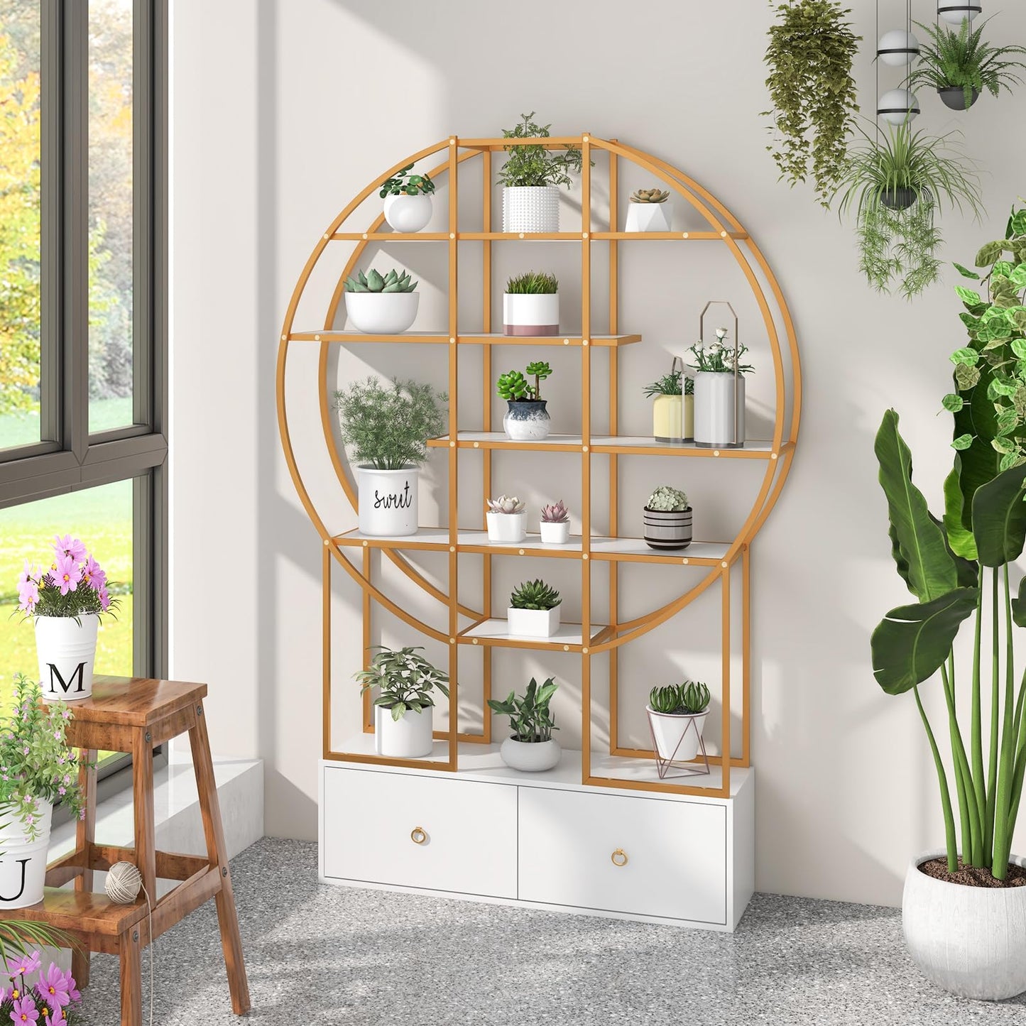 6-Tier Gold Bookshelf with 2 Storage Drawers Staggered Shelves