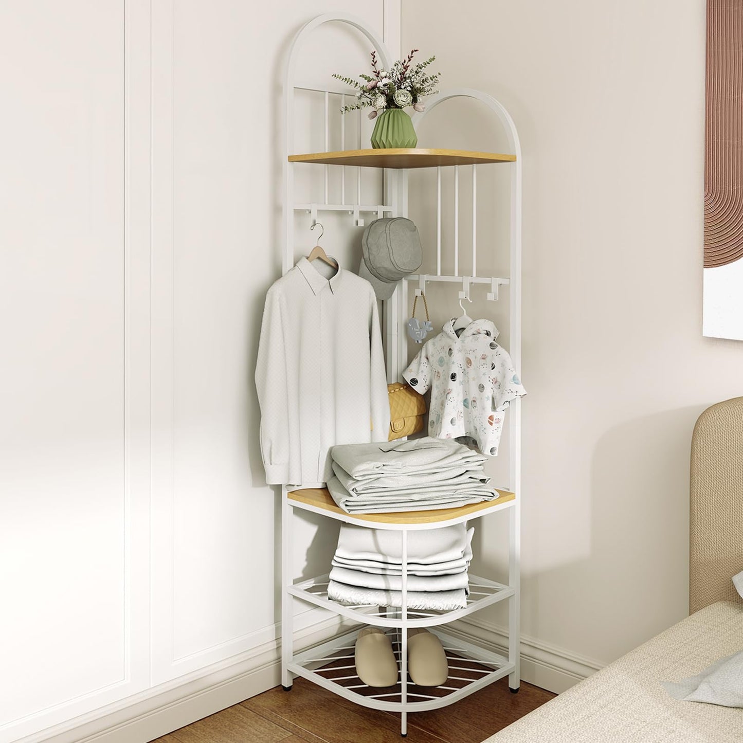 Corner Hall Tree 4 Tier Coat Rack with Storage Bench and Hooks