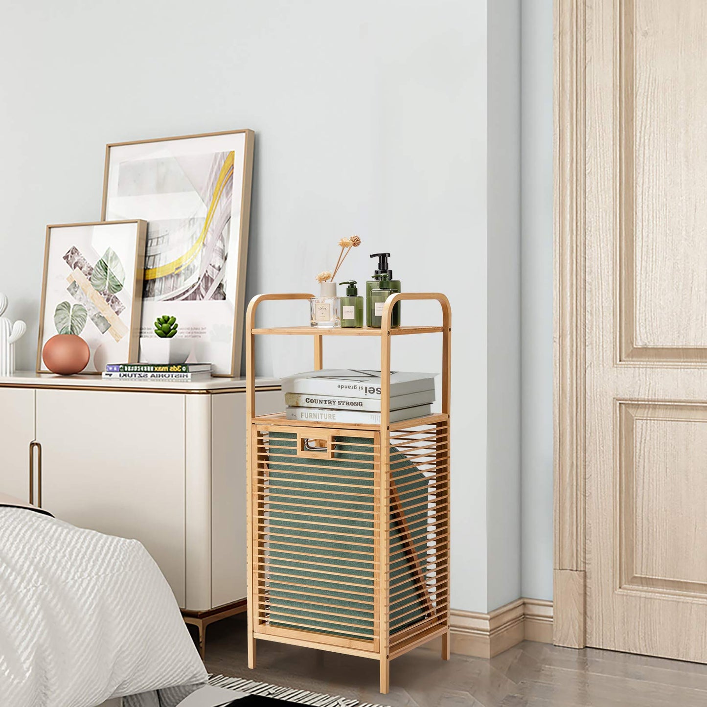 Bamboo Laundry Bin with Storage and Removable Basket