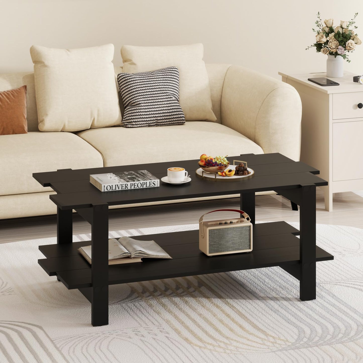 2 Tier Coffee Table with Storage Shelf for Living Room