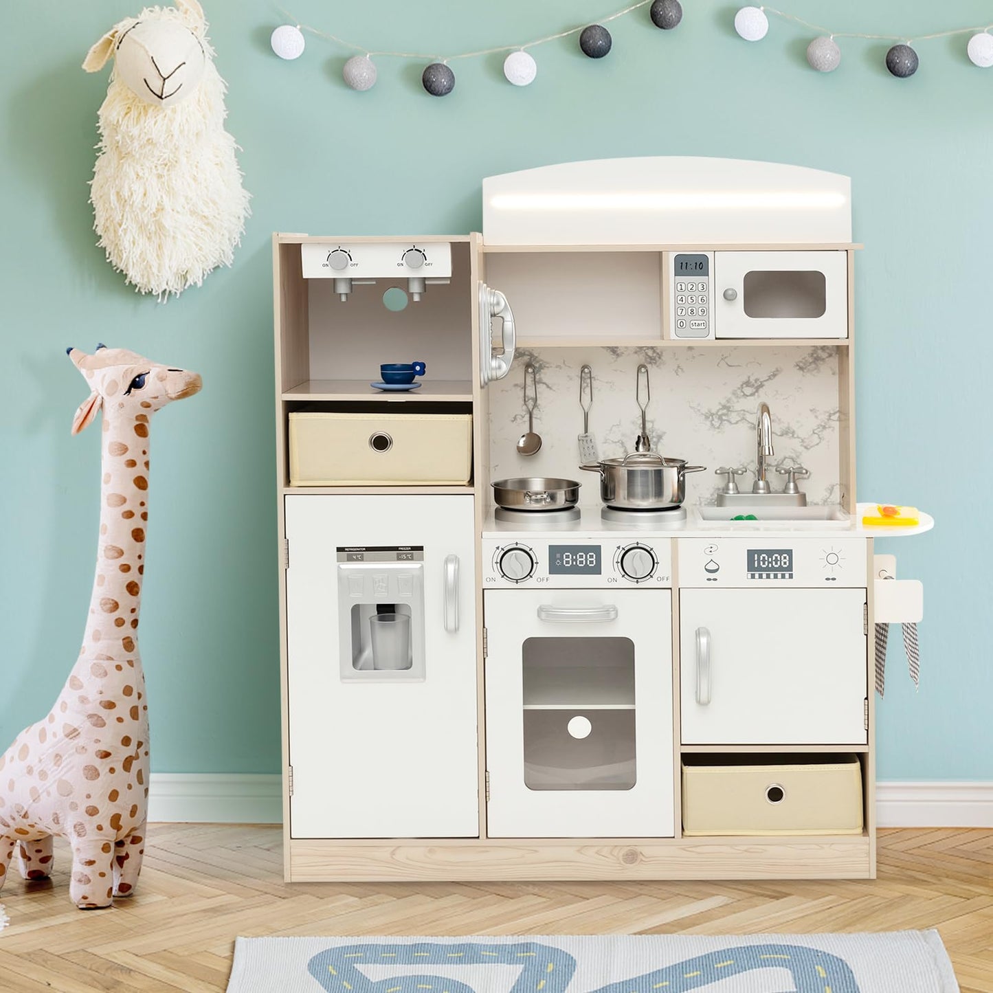 Kids Kitchen Playset with Adjustable LED Lights and Removable Shelves