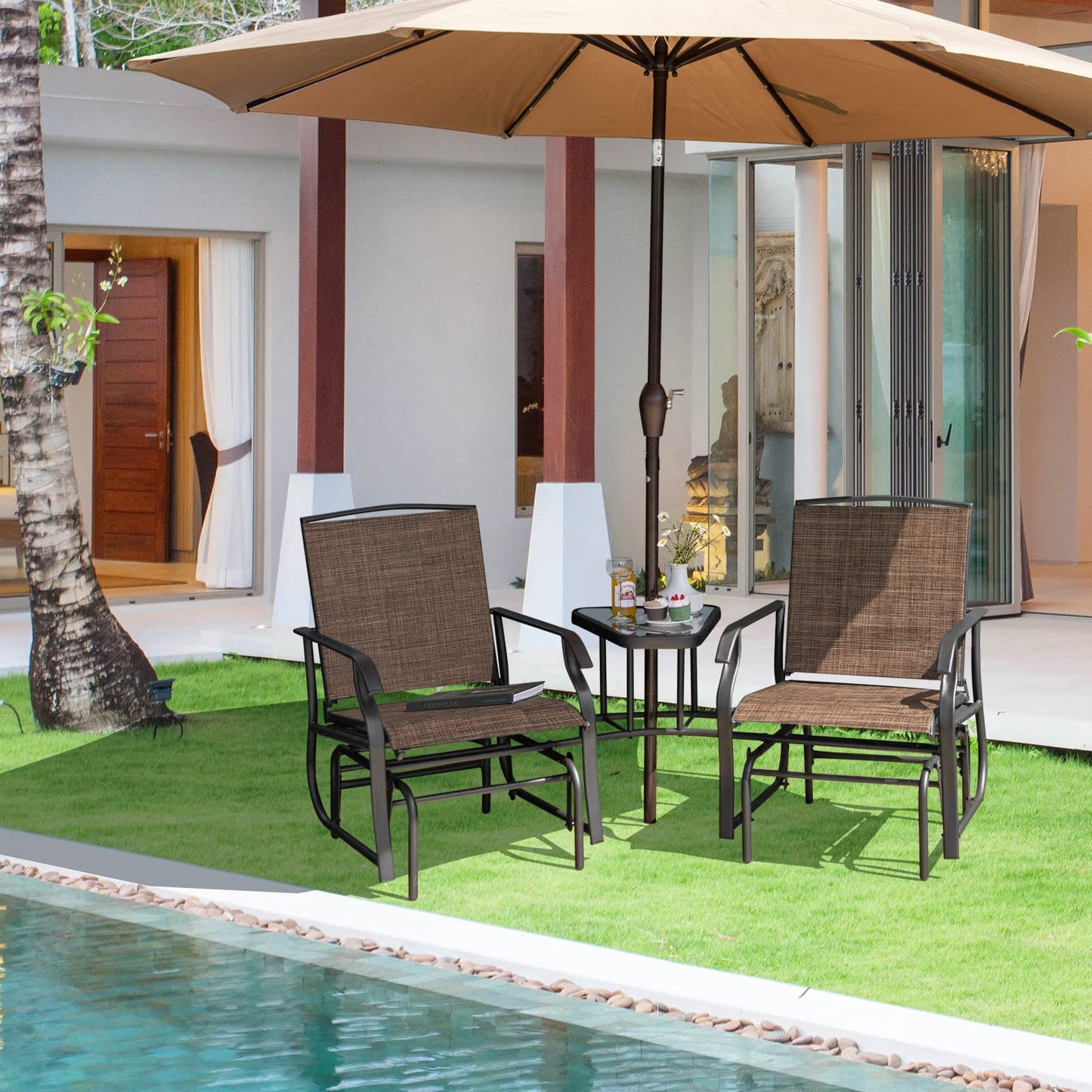 Outdoor Double Swing Glider Chair Set with Table and Umbrella Hole