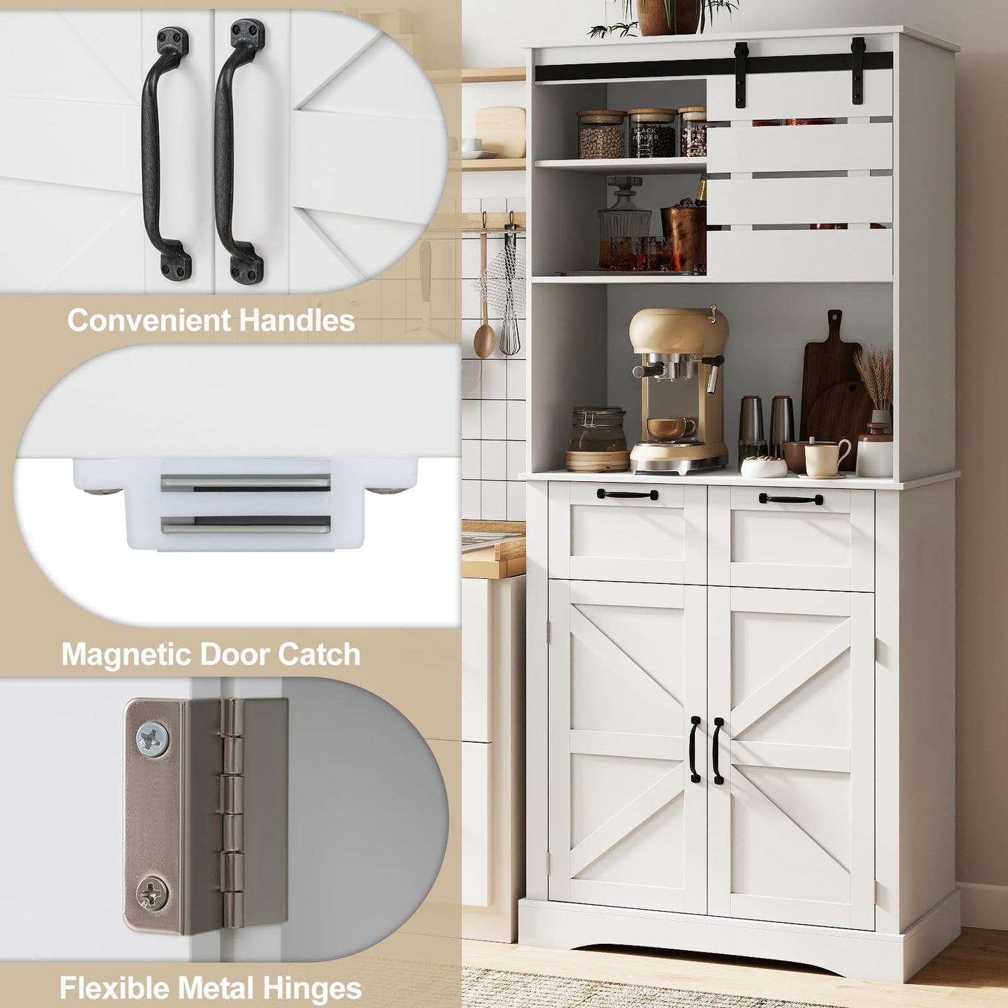 Kitchen Pantry Cabinet with Power Outlet Tall Coffee Bar Cabinet with Doors Drawers and Adjustable Shelf