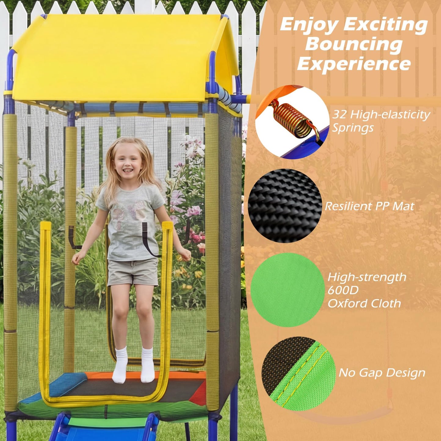 5-in-1 Kids Swing Set, Heavy-duty Metal Swing Stand with Trampoline, Roof