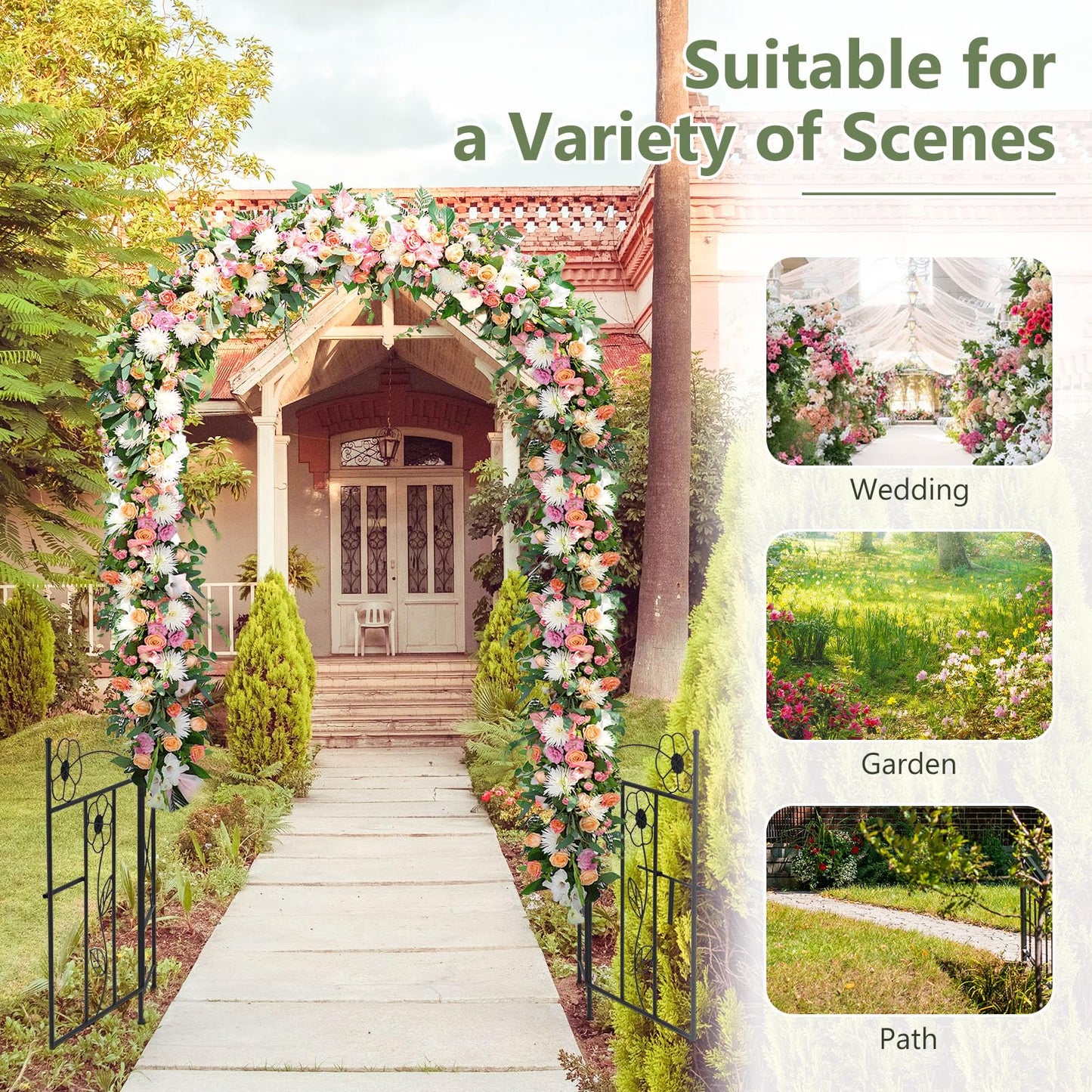 Garden Arch with Gate, Metal Pergola Arbor Trellis for Climbing Plant Rose Vines
