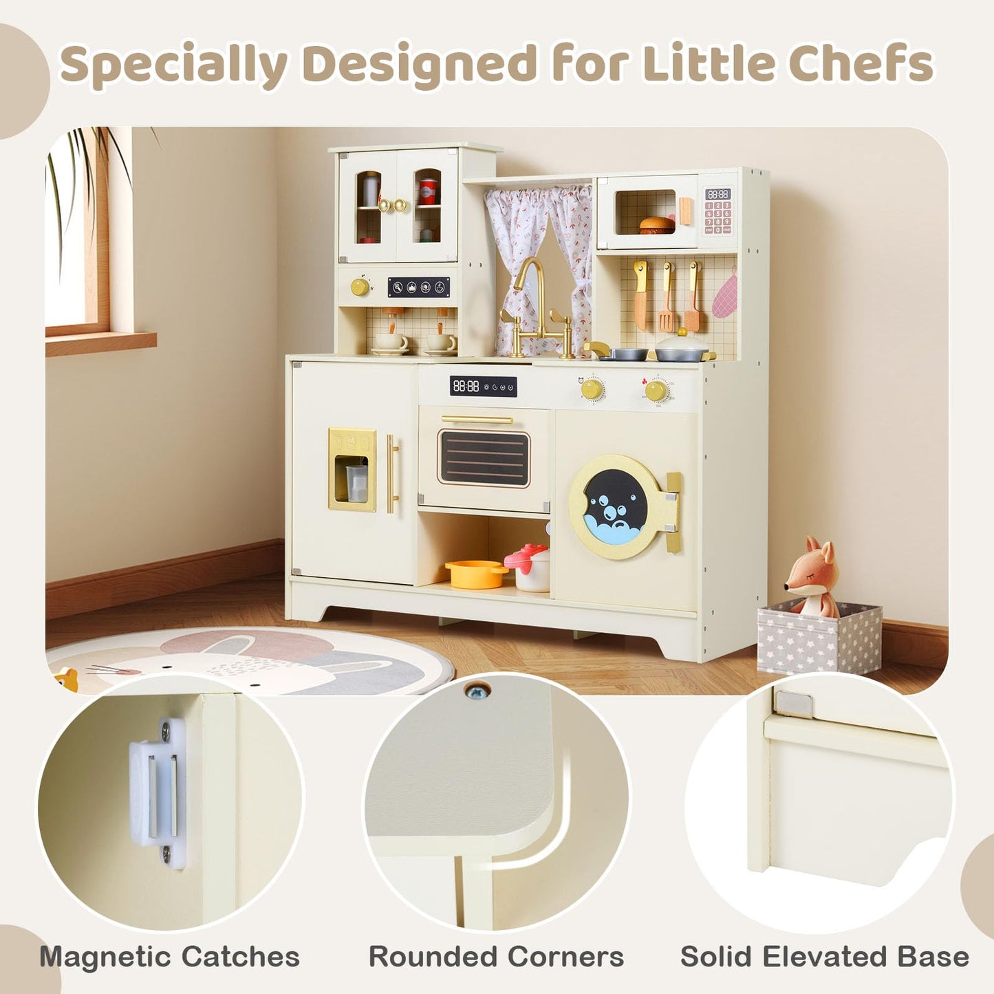 Kids Wooden Kitchen, Pretend Play Kitchen with Stoves