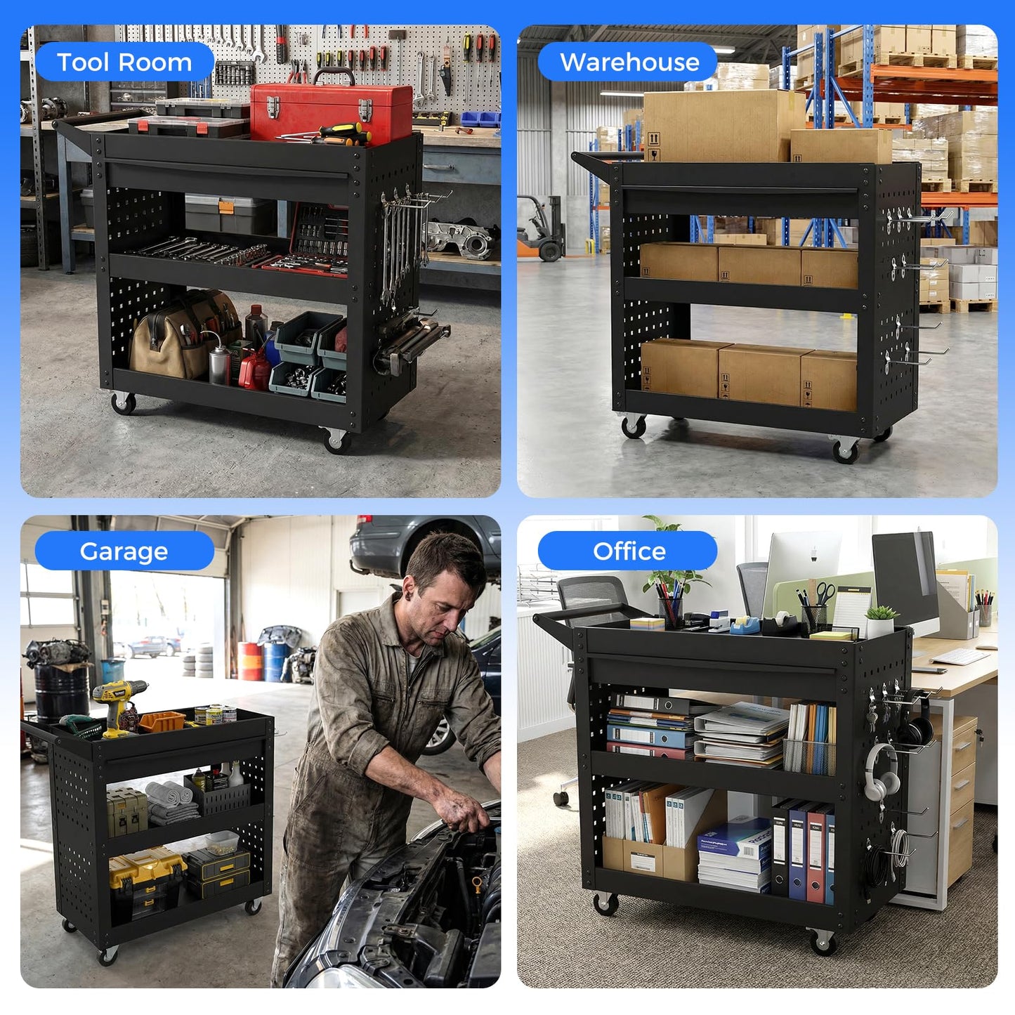 3-Tier Tool Trolley on Wheels, Lockable Metal Mechanic Tool Cart with Drawer