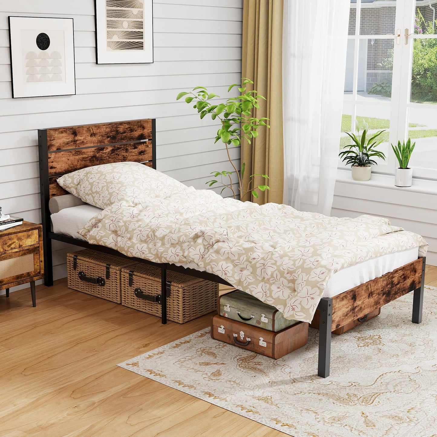 3FT Industrial Metal Platform Bed Frame with Wood Headboard & Underbed Storage