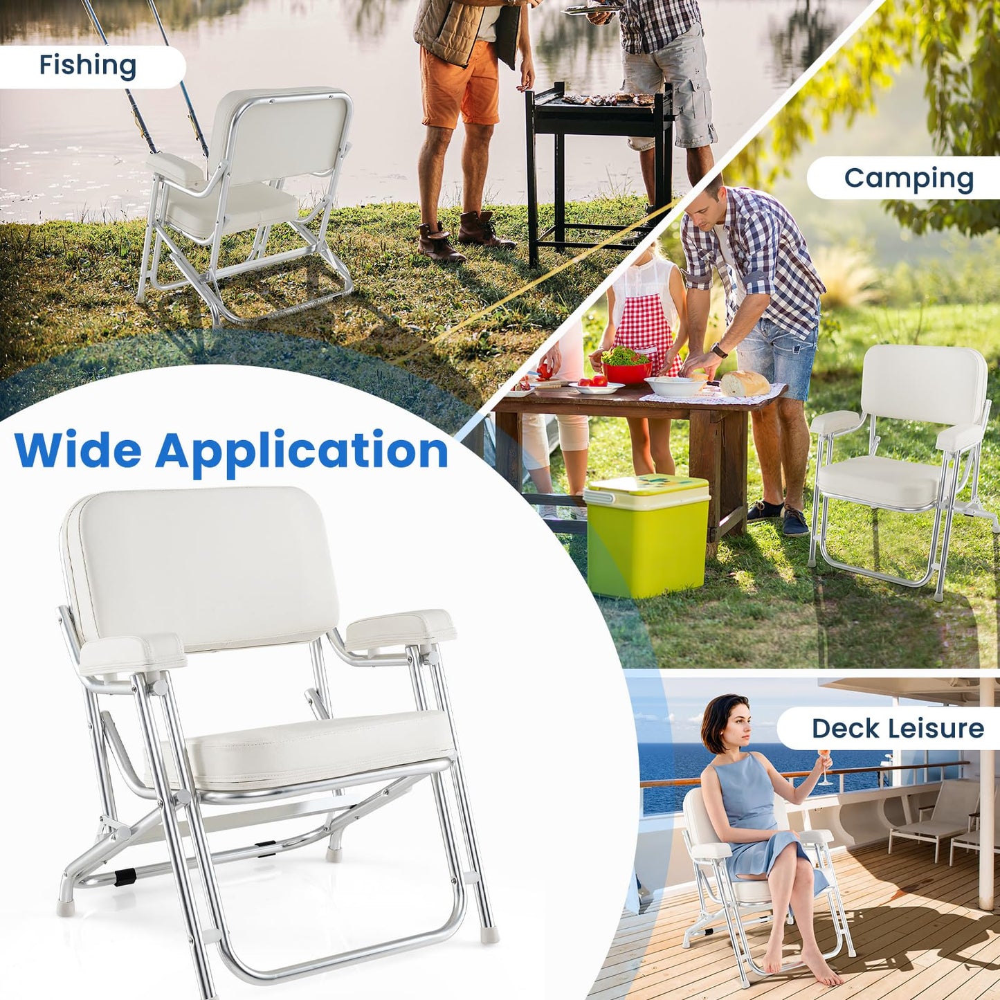 Upholstered Folding Deck Chair with Padded Backrest & Armrests