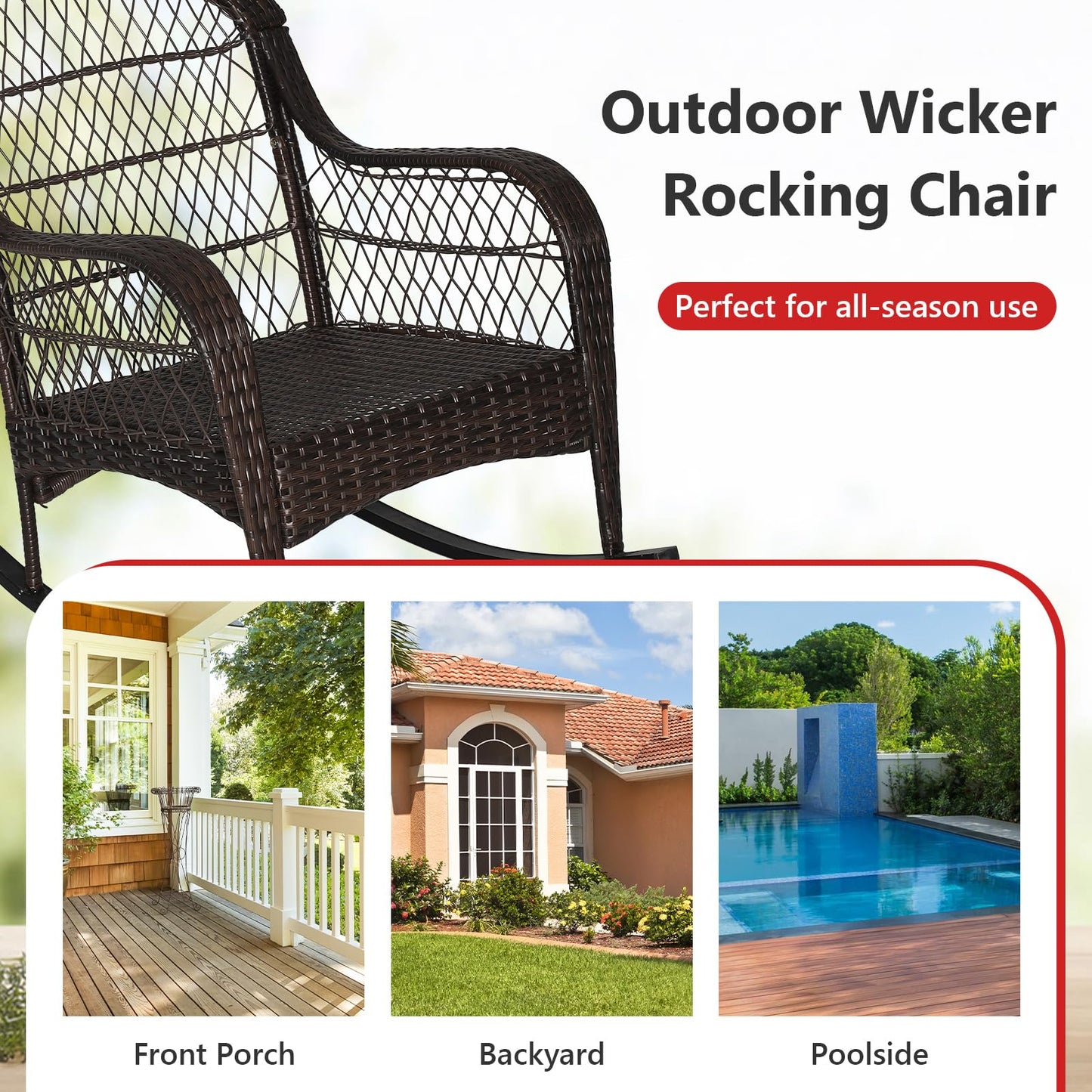 Wicker Rocking Armchair Relax Rocker Lounge Chair with Lumbar Pillow & Cushion