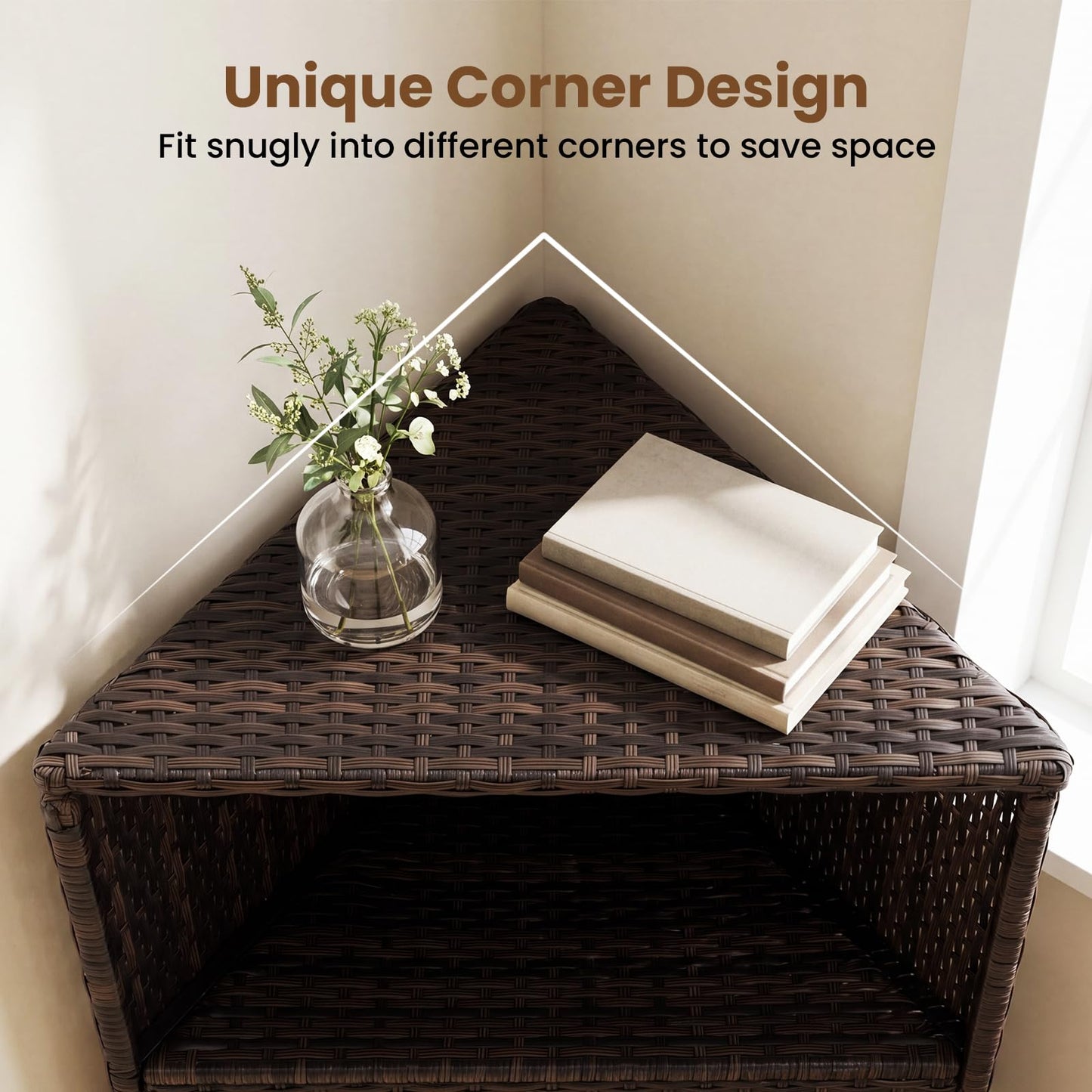 Outdoor Storage Cabinet, PE Rattan Corner Bar Cart with Shelves