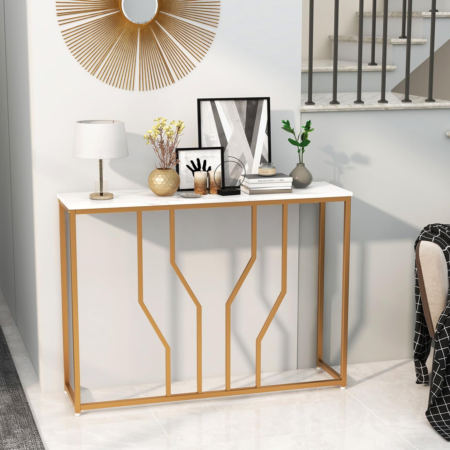 110 cm Gold Console Table Entryway Table with Faux Marble Tabletop