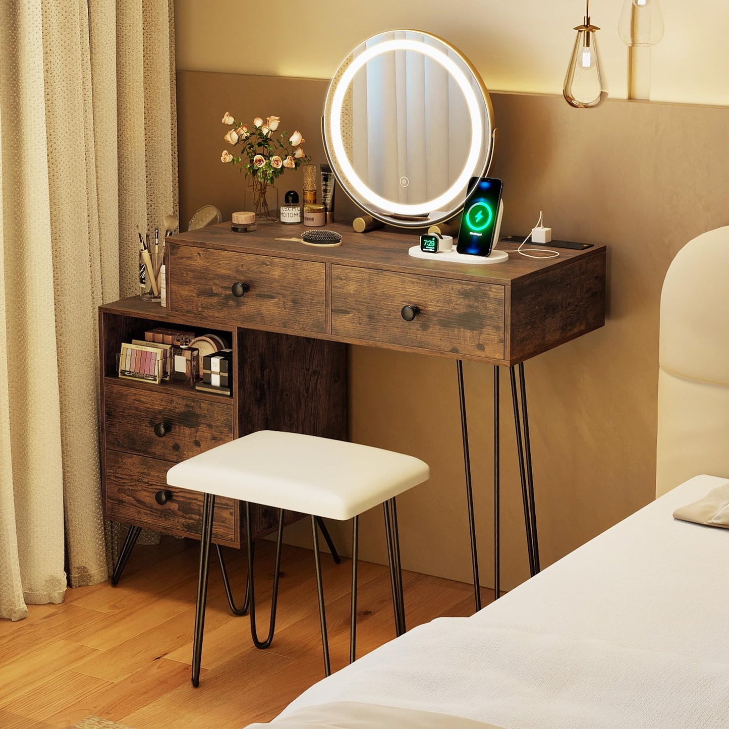 Dressing Table with 360° Rotation LED Mirror and Stool, Makeup Table Vanity Desk Set with Charging Station
