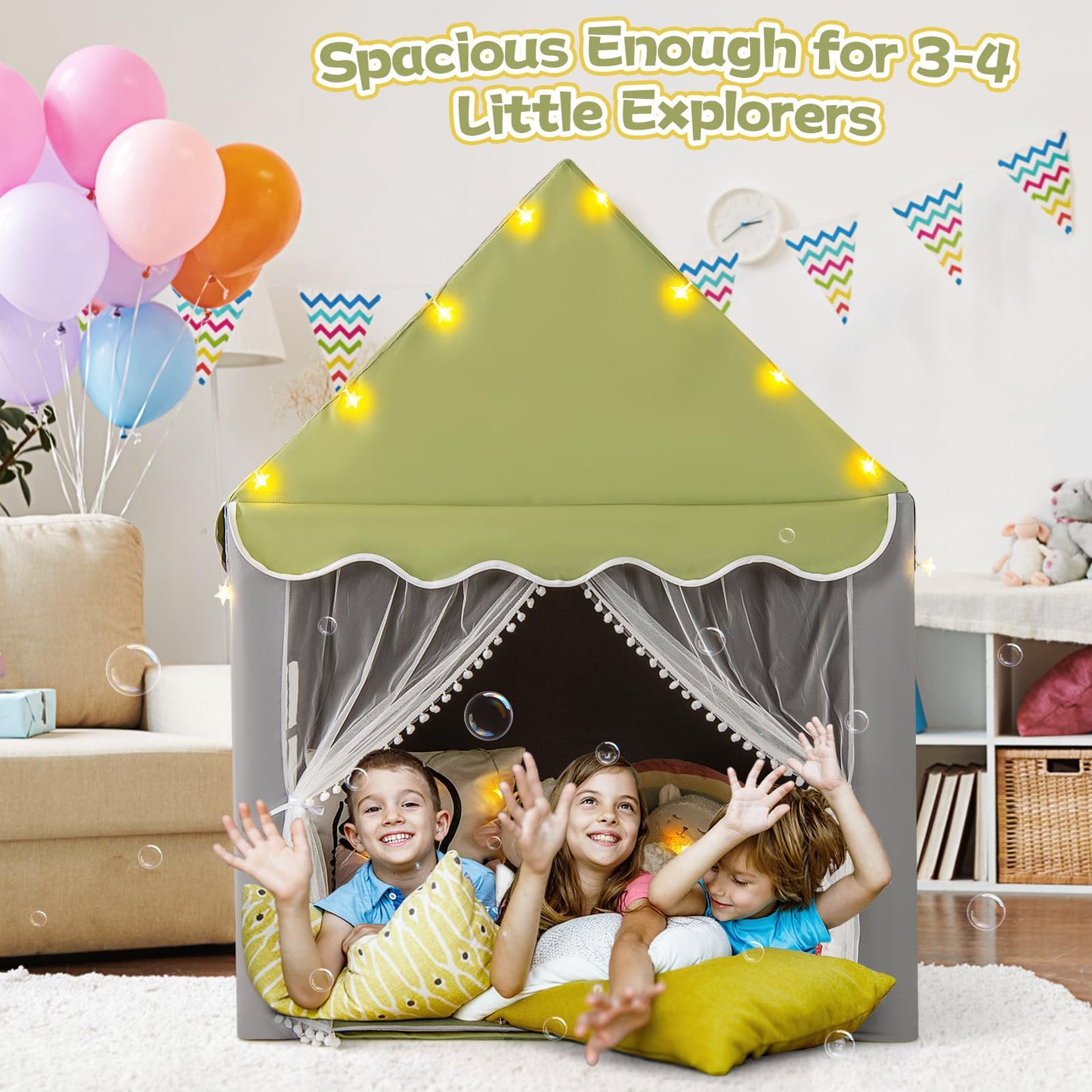 Large Kids Play House with Washable Mat and Star Lights