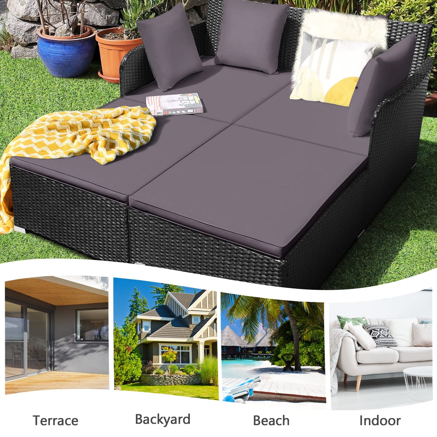 Rattan Garden 2 Seater Daybed Furniture Set with Cushions