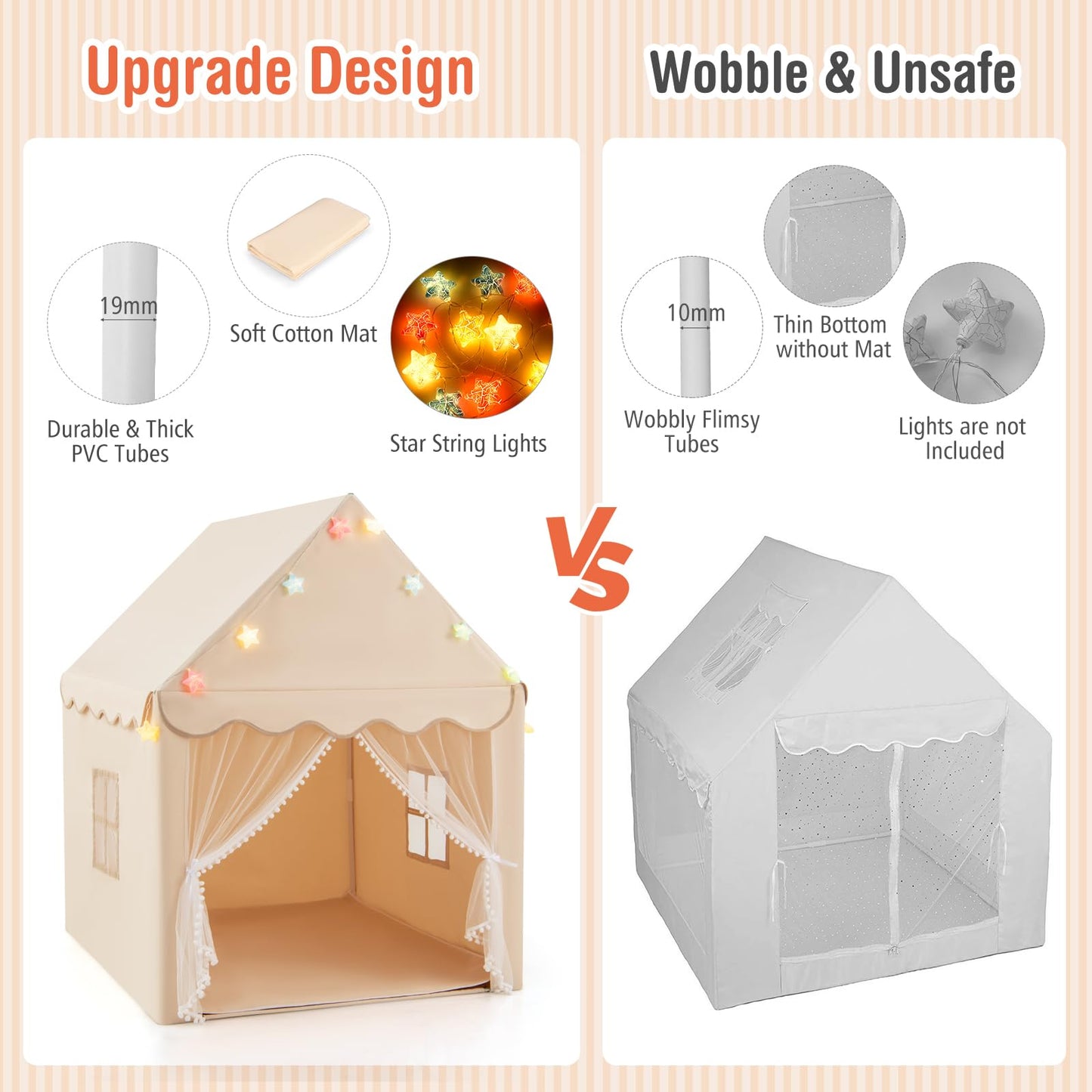 Kids Large Tent with Washable Mat and Star Lights for Children Gift