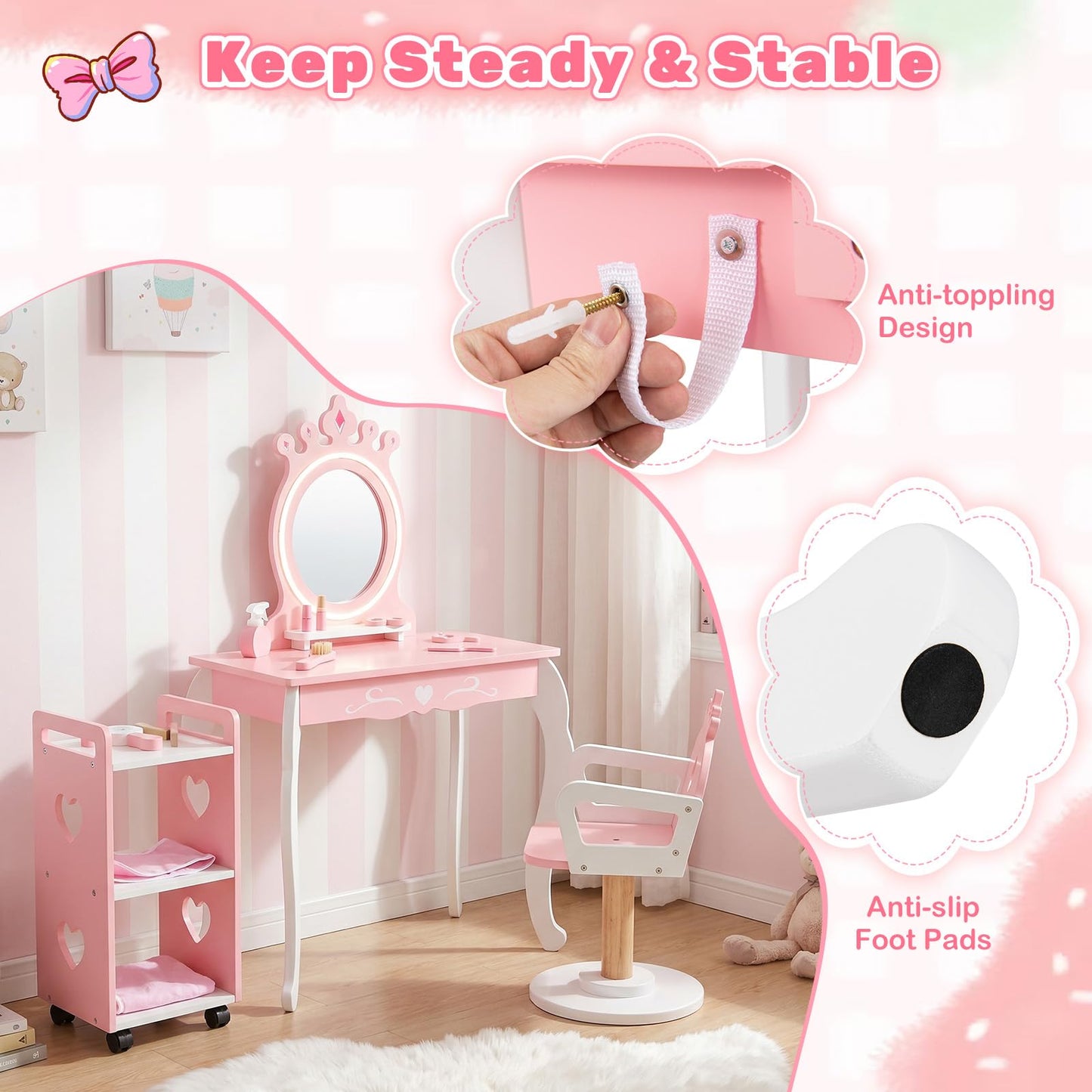 Kids Vanity Table and Chair Set, Girls Dressing Table