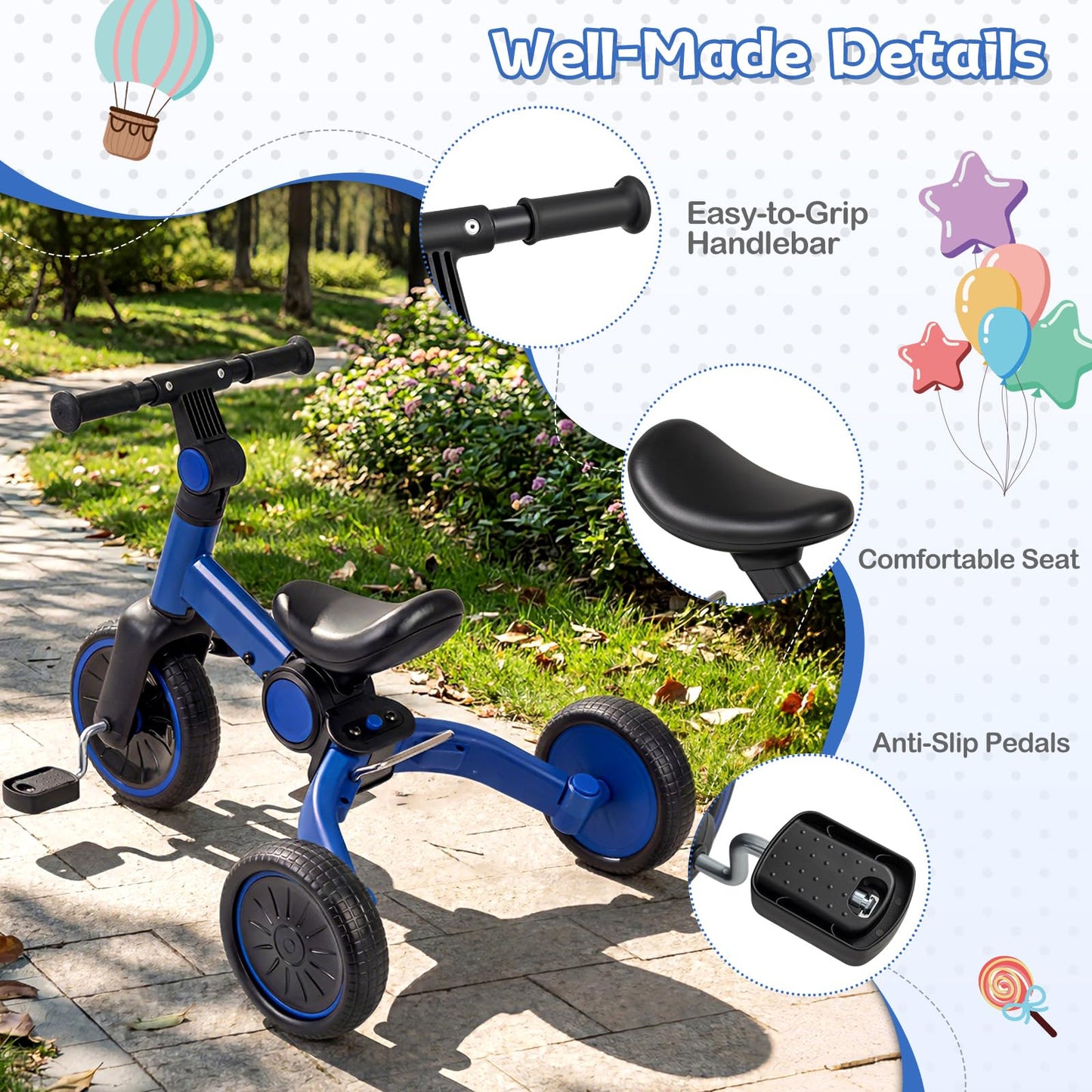 5-In-1 Toddler Bike Kids Balance Bike with Removable Pedals