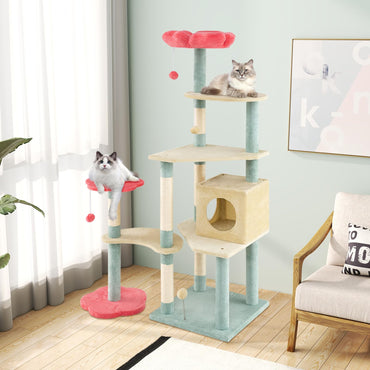 Multi-Level Aesthetic Floral Kitten Tower with Flower-Shaped Padded Perch