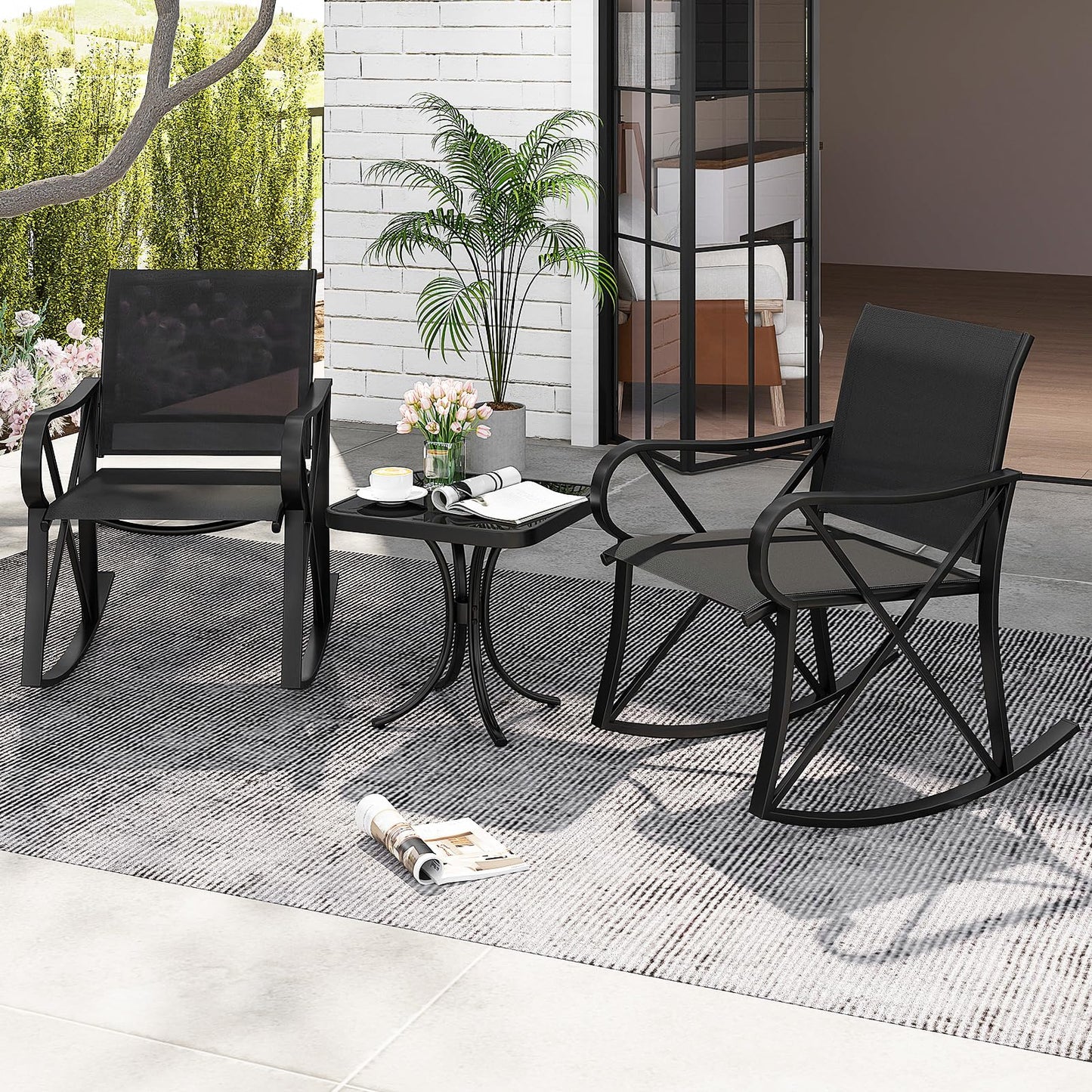 3-Piece Patio Metal Frame Rocking Bistro Set with Tempered Glass-Top Side Table