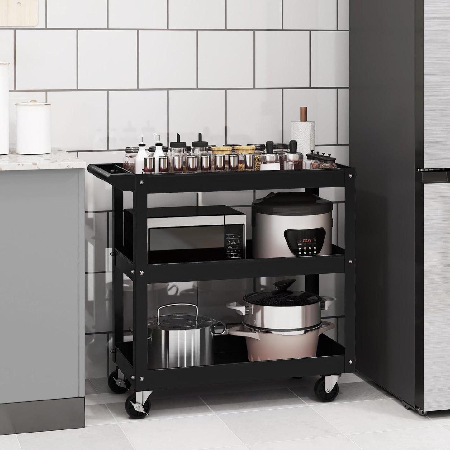 3-Tier Tool Trolley with Handle and Lockable Wheels