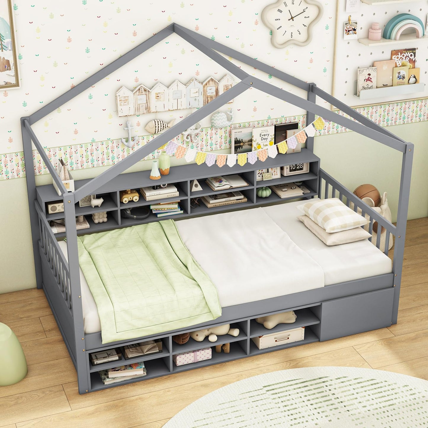 Wooden Single Size House Bed with Roof and 14 Storage Cubes