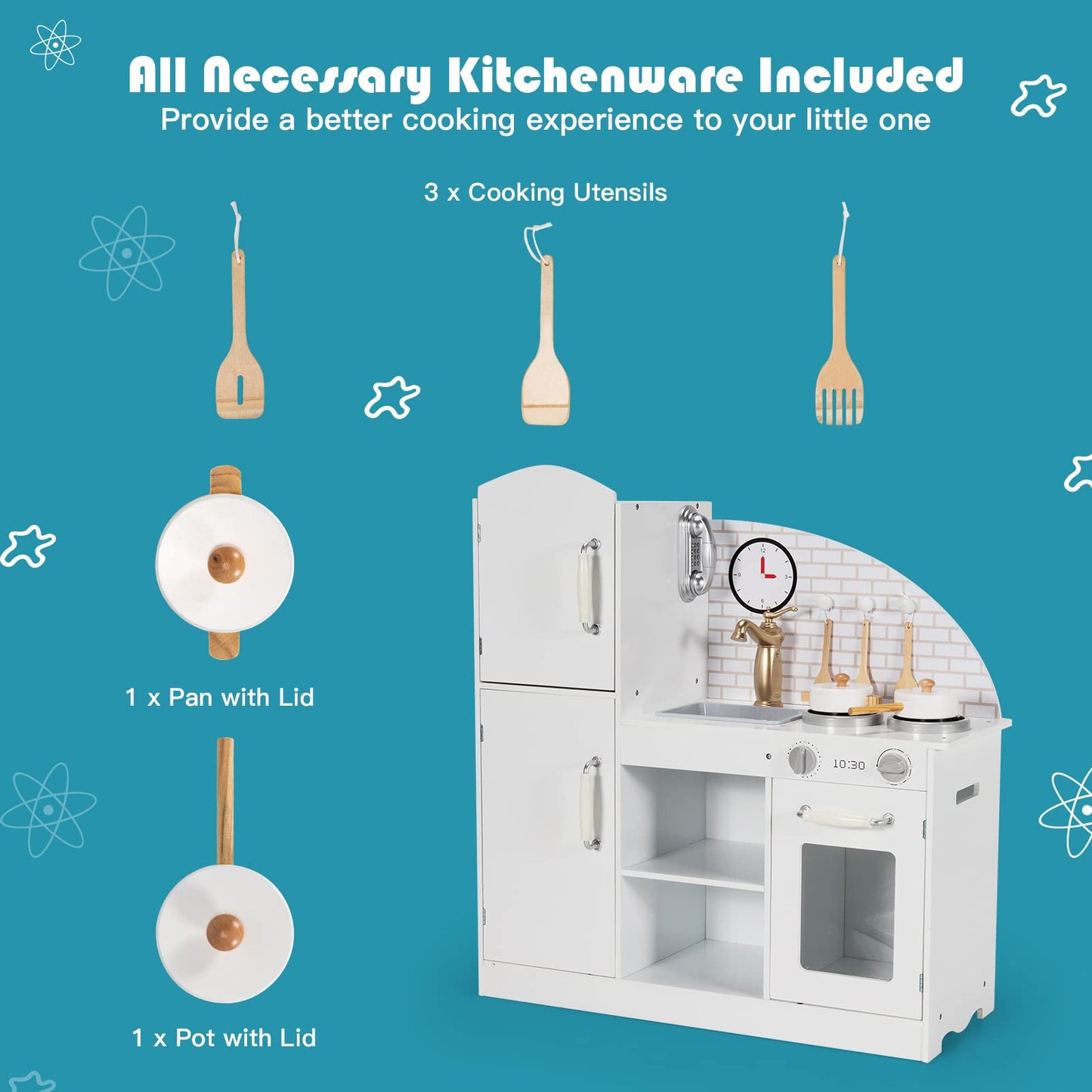 Wooden Pretend Role Play Kitchen Chef Cooking Playset for Boys Girls