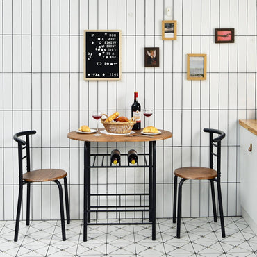 3-Piece Dining Table Set with Extra Wine Rack and Metal Frame