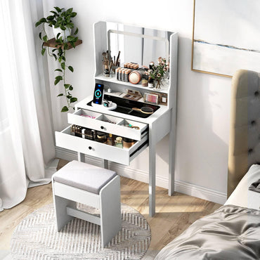 Vanity Desk with Power Outlets and 3 Color Lighting Modes for Bedroom