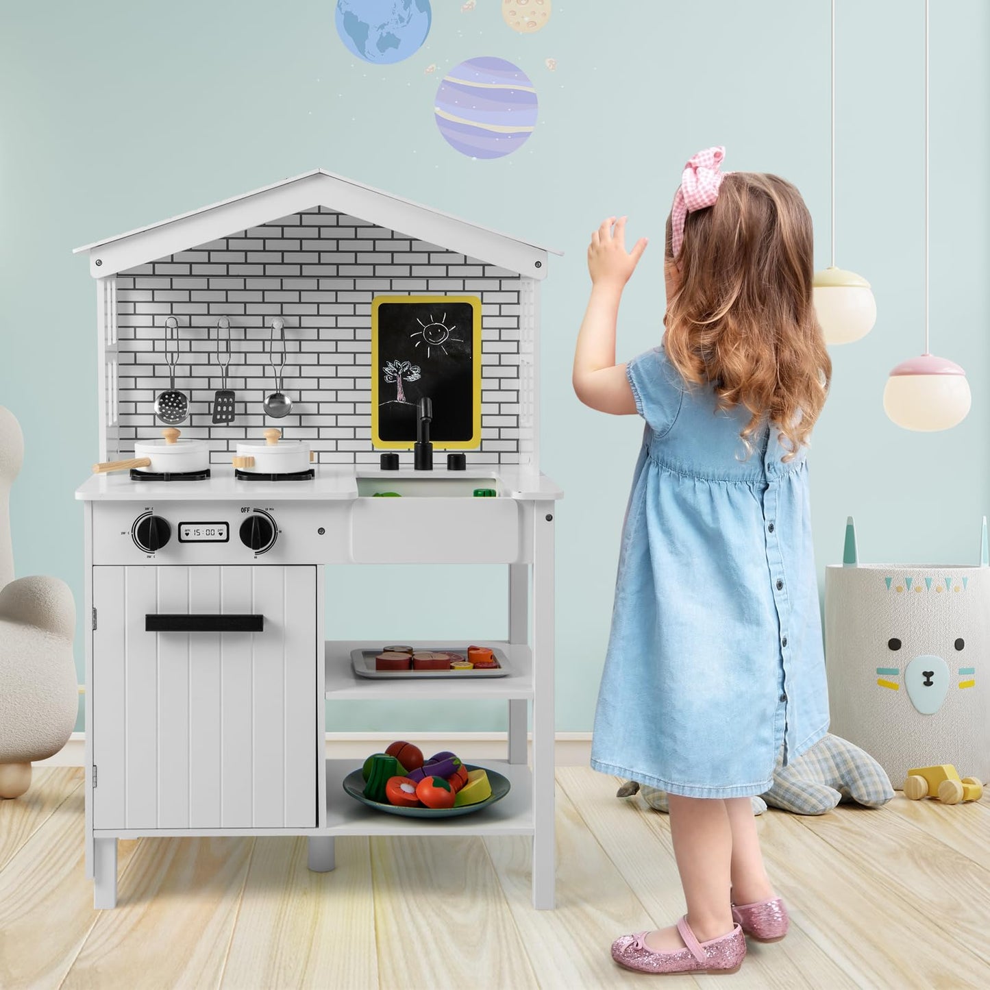 Kids Play Kitchen Pretend Playset with Stoves and Chalkboard