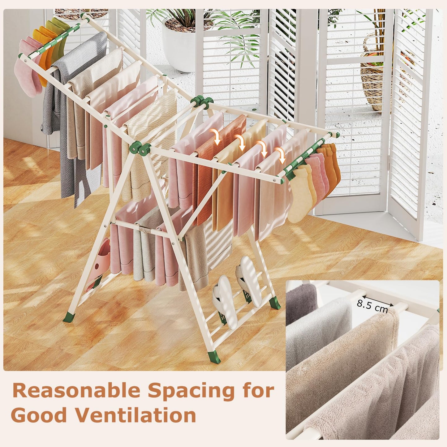 2-Level Foldable Clothes Drying Rack with Height-Adjustable Wings