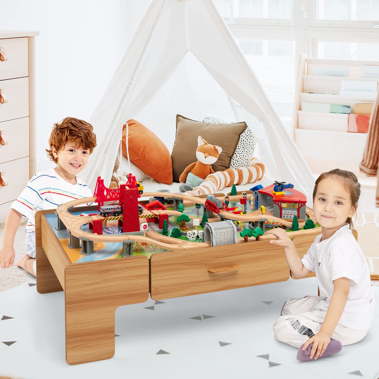Wooden Train Track Set with Reversible Tabletop 100 Pieces Toy and Storage Drawer