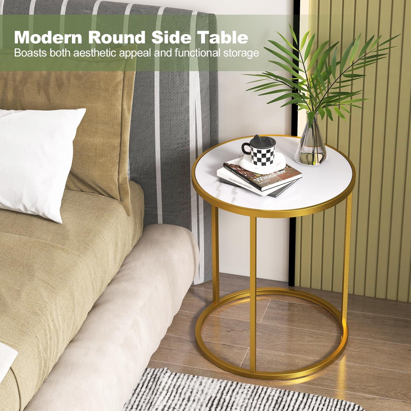 50x50x59cm Golden Metal Frame Marble Top Side Table with Anti-Slip Foot Pads