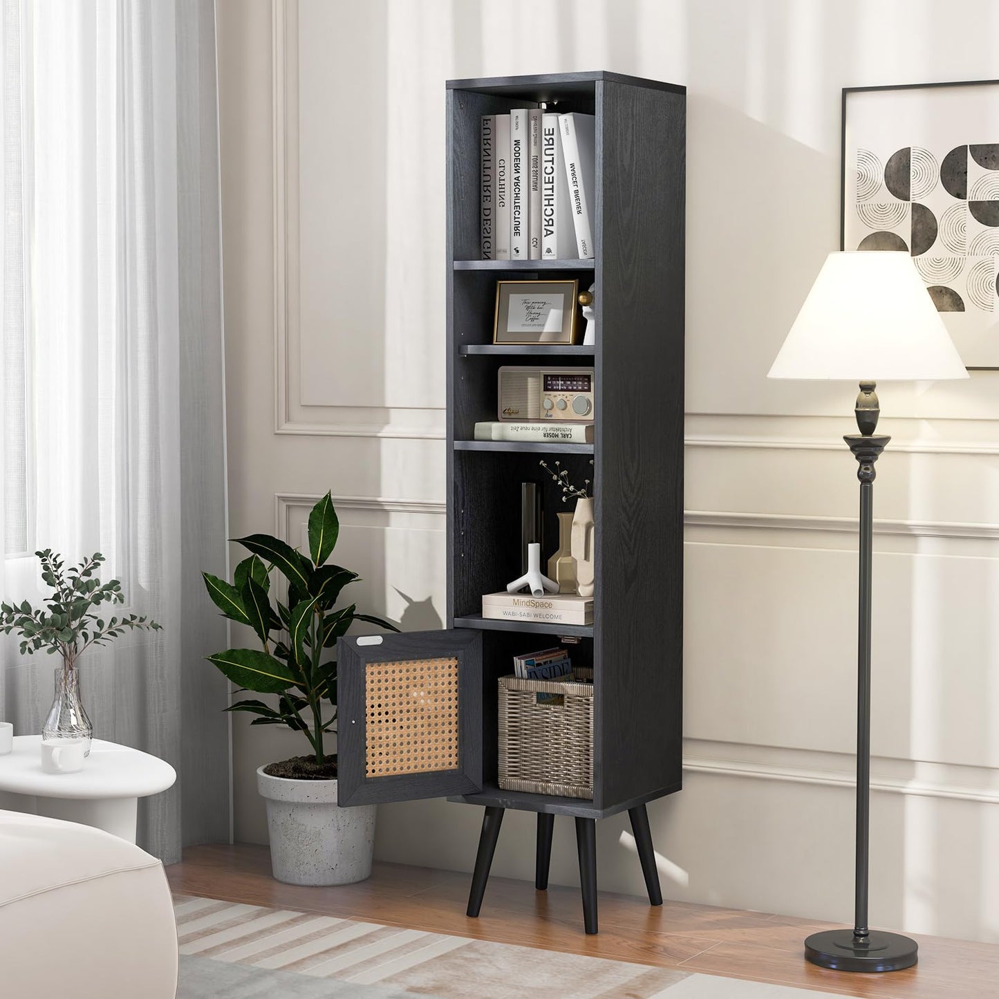 Freestanding Slim Cabinet with Rattan Door and Solid Wood Legs