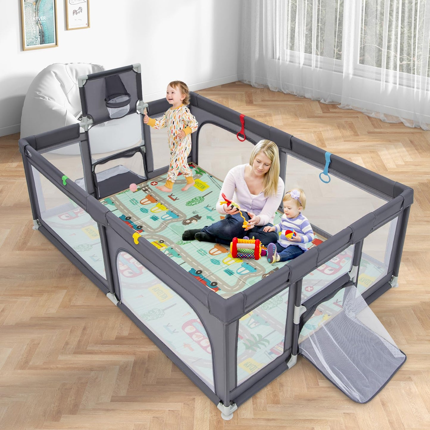 Toddler Mesh Play Pen with Mat, Pull Rings, Basketball Hoop