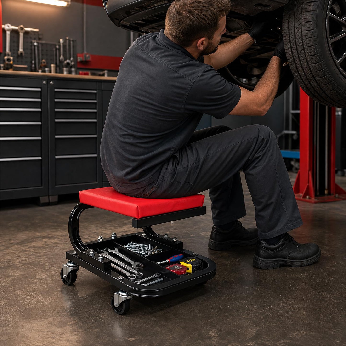 Rolling Mechanic Stool with Padded Seat, Tool Tray and 4 Wheels