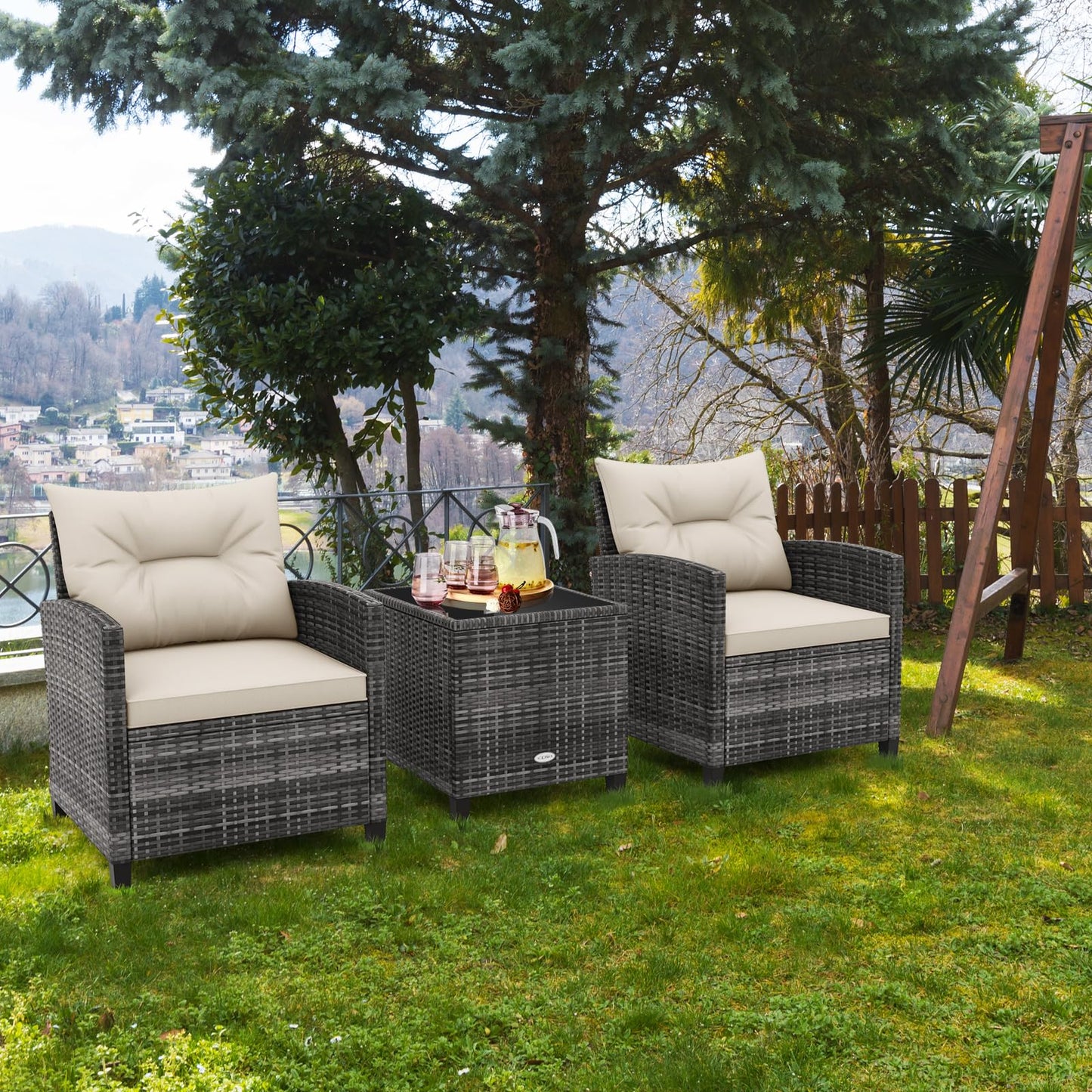 3 Pieces Metal Frame Garden Coffee Table and Sofa Chairs Set with Cushions