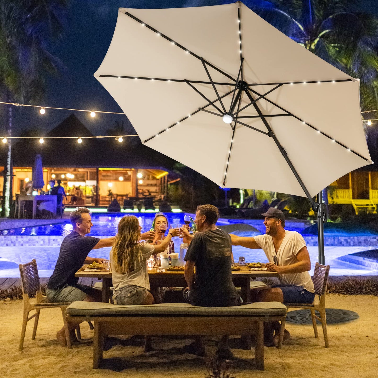 3m Garden Parasol with with Solar-Powered LED & Winding Crank