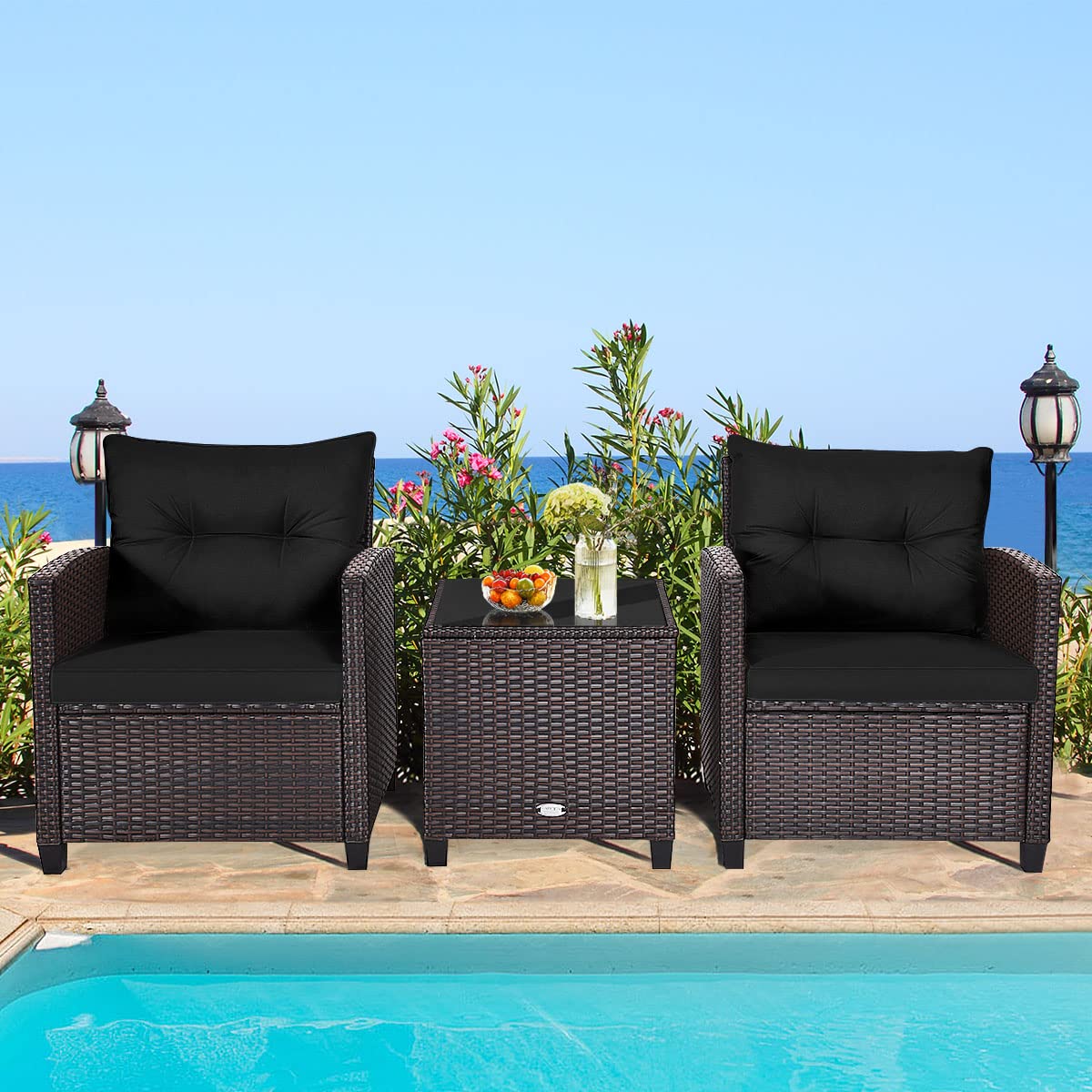 Metal Frame Garden Coffee Table and Sofa Chairs Set with Cushions