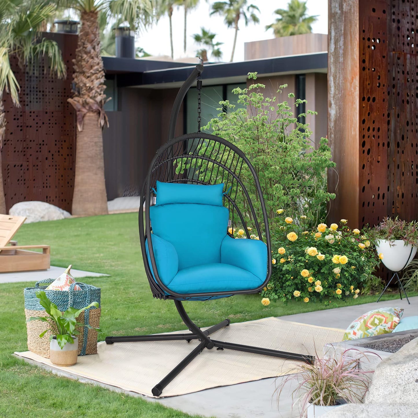Foldable Rattan Swing Egg Chair with Stand & Soft Cushion