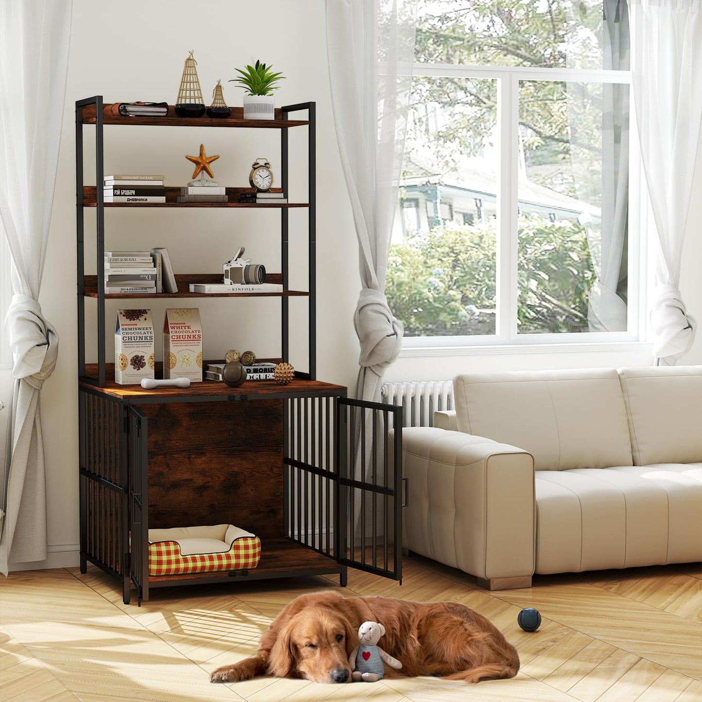 Indoor Wooden Dog Cage with Storage Shelves