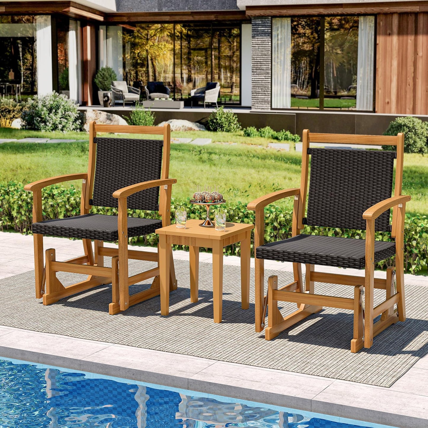 Patio Rattan Glider Chair Swing Gliding Rocker with Acacia Wood Frame