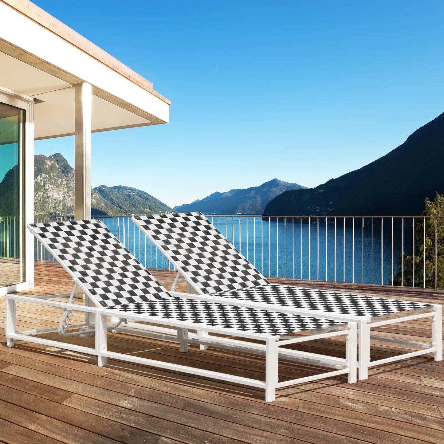 6-Level Adjustable Patio Chaise Lounge Chair Deck Sunbed with Rolling Wheels