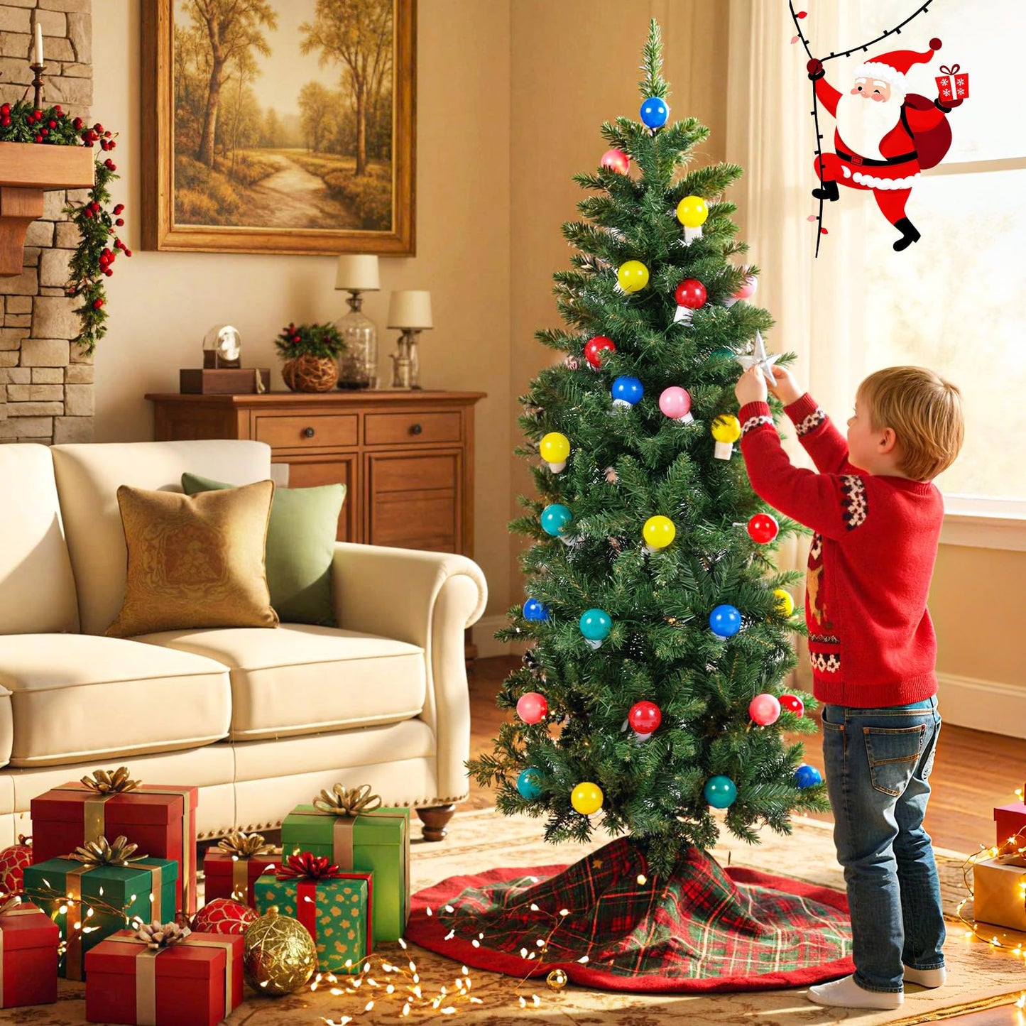 150 CM Pre-Lit Artificial Slim Pencil Hinged Christmas Tree with 39 Multicolored Globe LED Lights