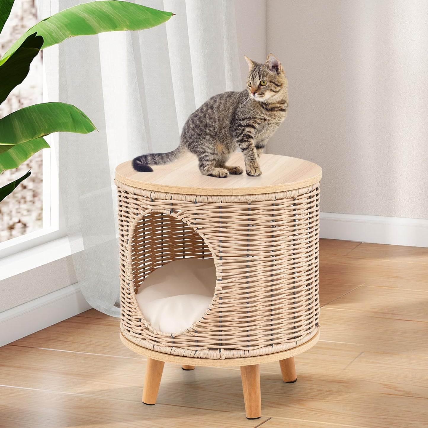 Wicker Cat Bed Ottoman Elevated Cats Cave Sleeping House
