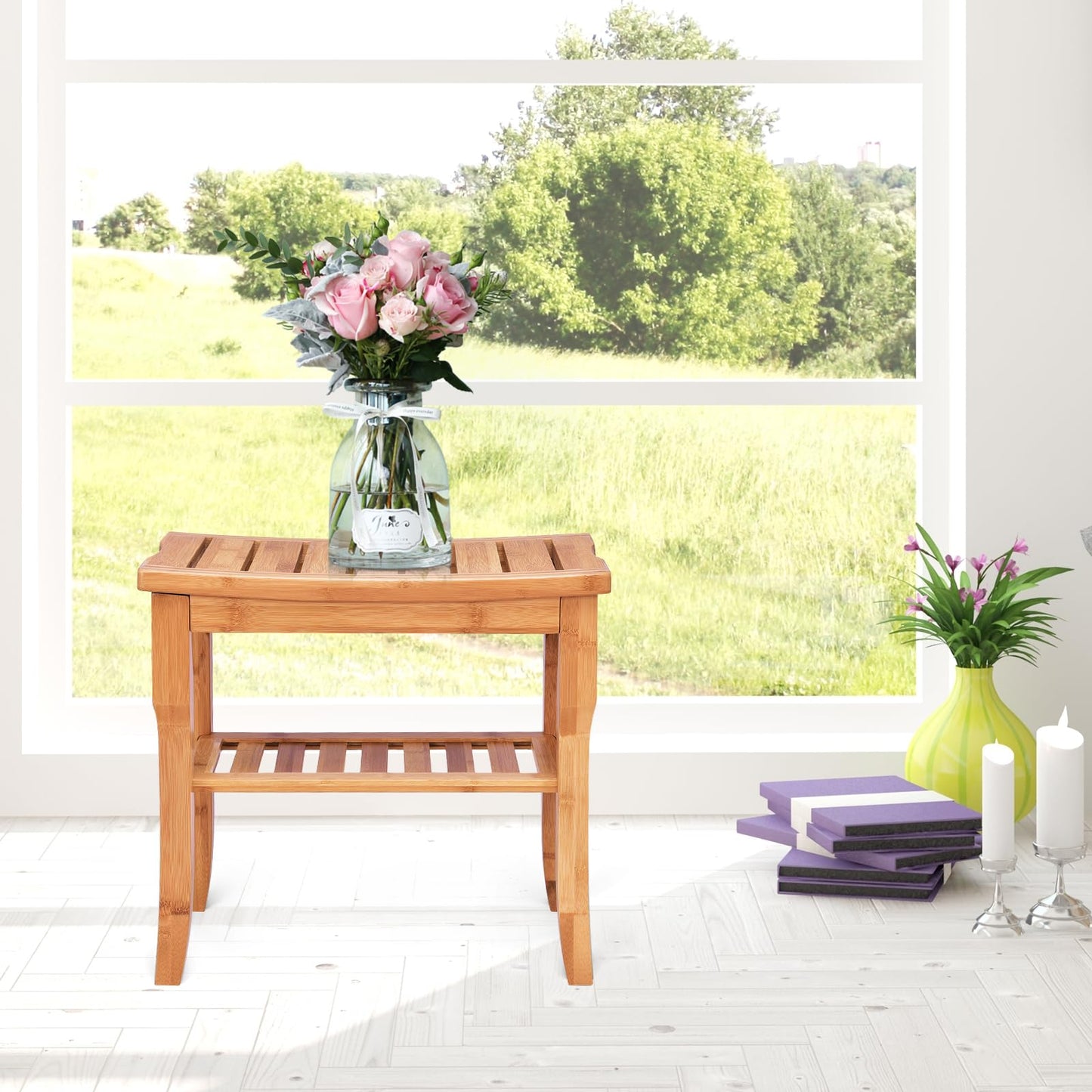2-Tier Slatted Spa Bath Stool Shower Seat with Storage Shelf and Non-Slip Feet