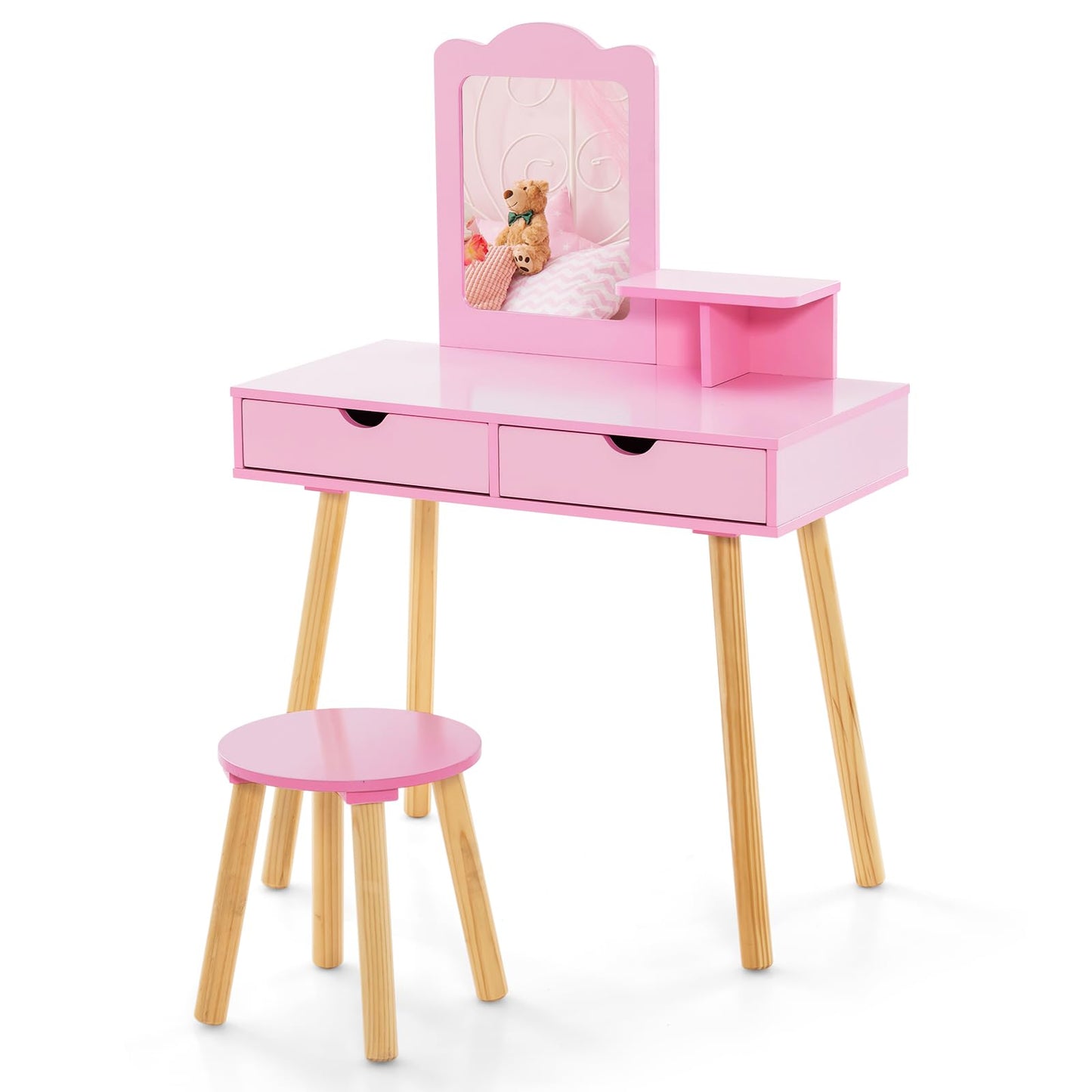 Kids Vanity Table and Stool Set with Square Mirror and Storage Shelf